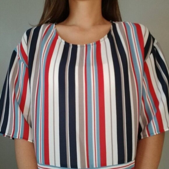 W5 Anthropologie Red White Blue Tan Striped Blouse Women's Size Small - Picture 4 of 12